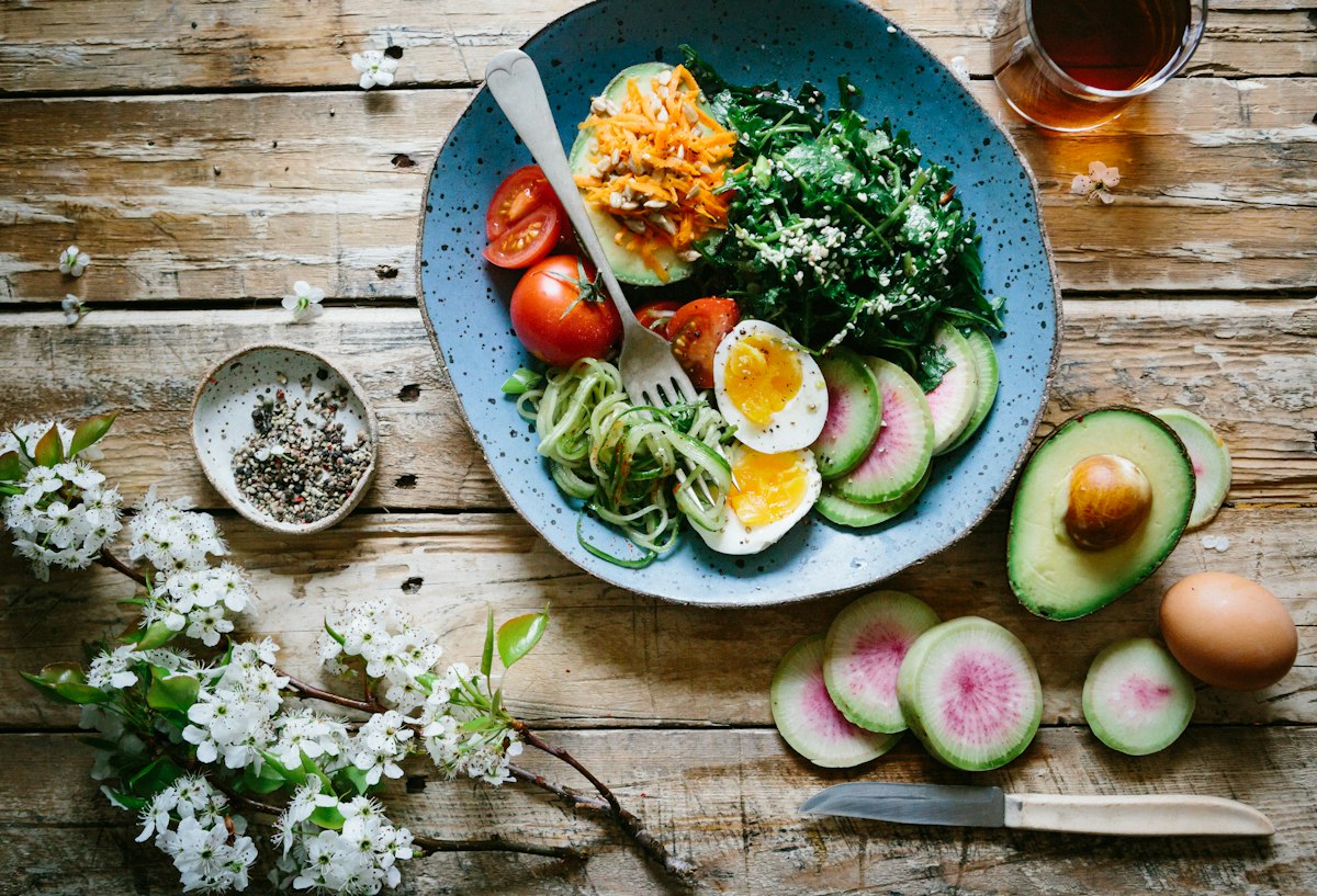 Seasonal produce arranged for a balanced meal